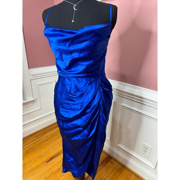 Amanda Uprichard Jasalina Dress in Branson Blue Large Satin Backless Cross Strap - Picture 7 of 10